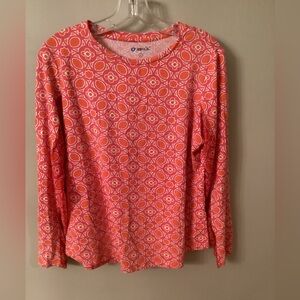 IBKUL SIZE LARGE ORANGE PINK GEOMETRIC PRINT LONG SLEEVE CREW NECK PULLOVER TOP